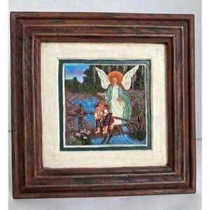 Vintage Guardian Angel 3-D Relief Art Children on Bridge 7X7 GrannyCore Faith
